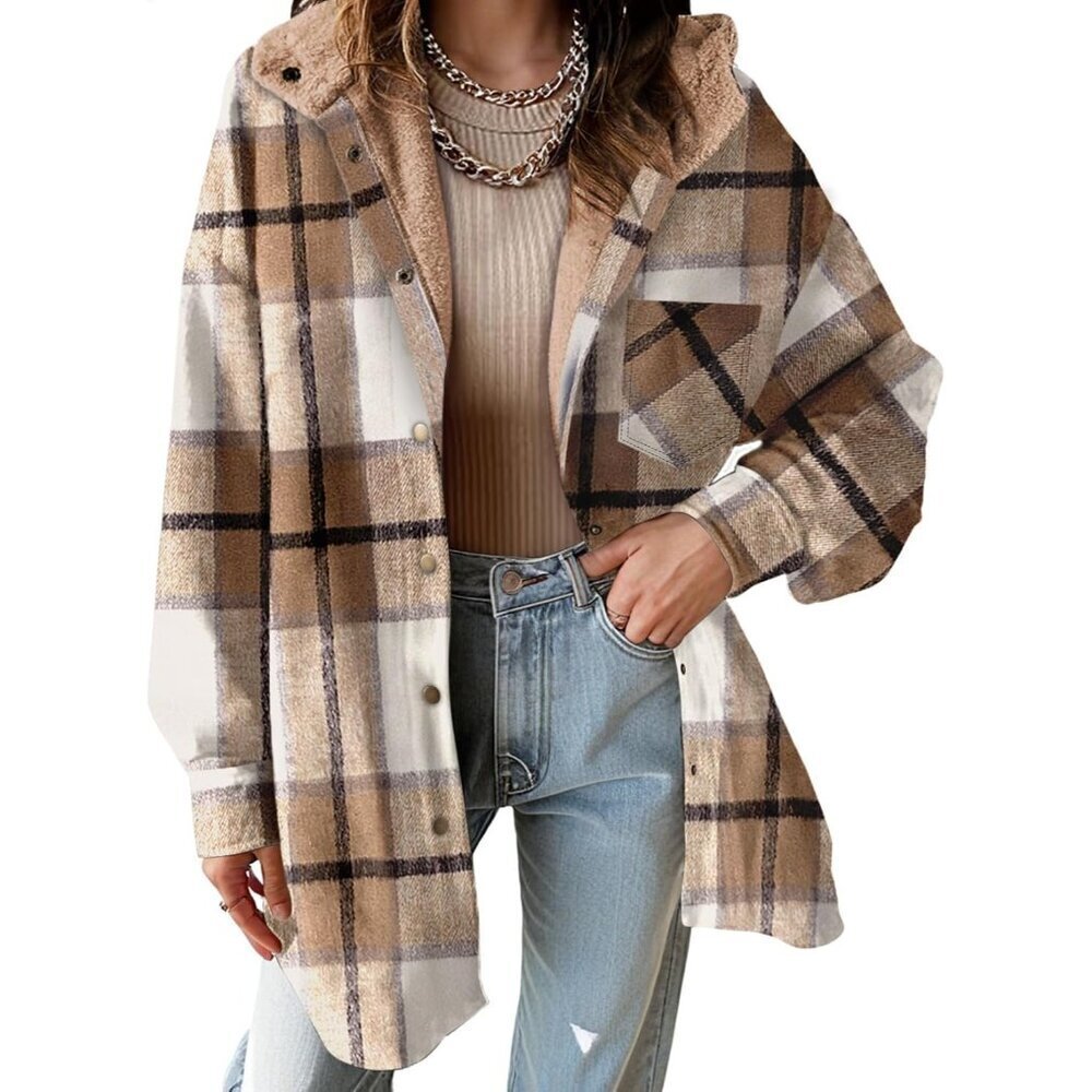 Women's Flannel Shacket Thick Coat Winter Fleece Oversized Casual Jacket